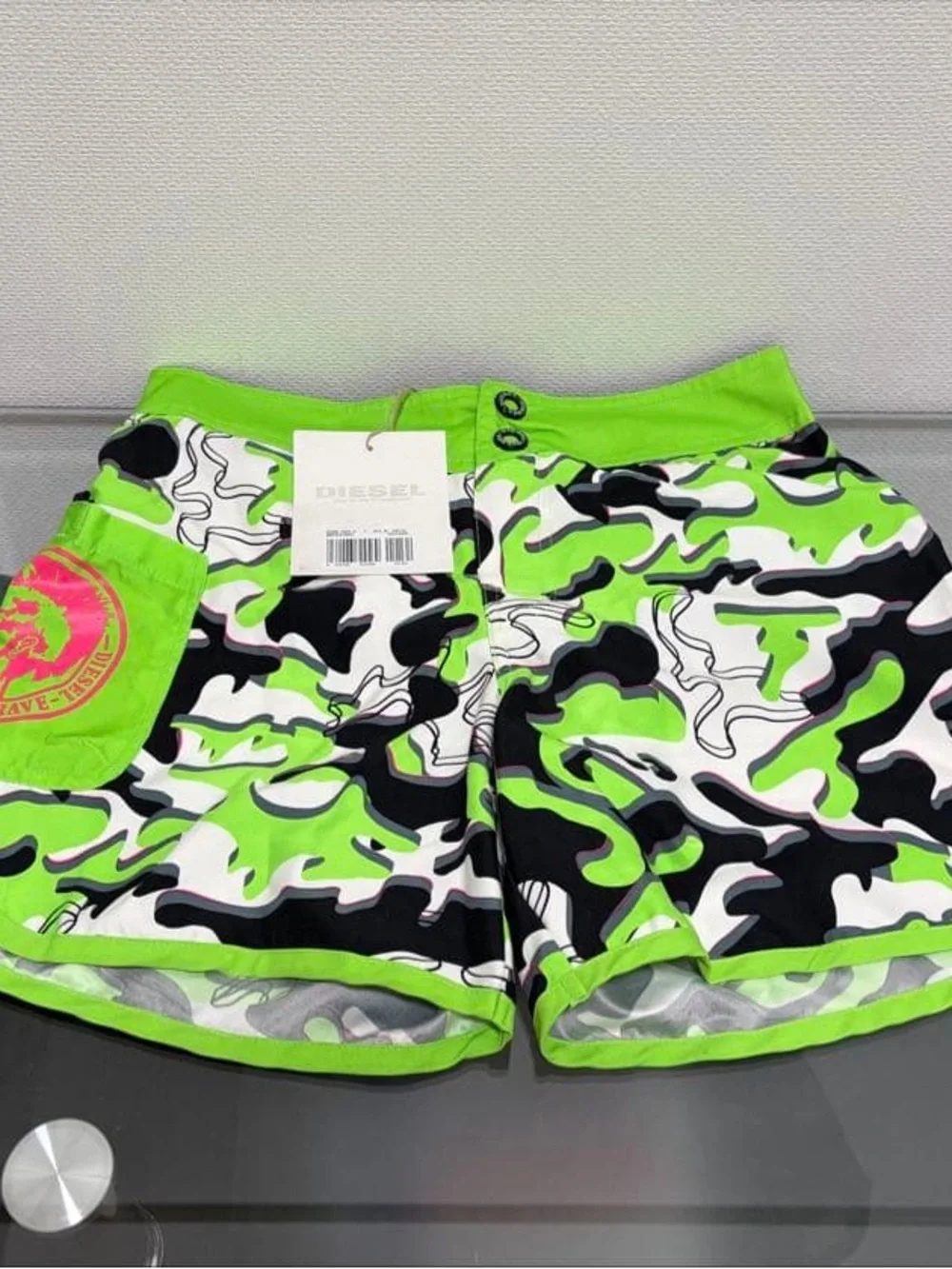 Diesel Green, Black & White Camo Swim Trunks